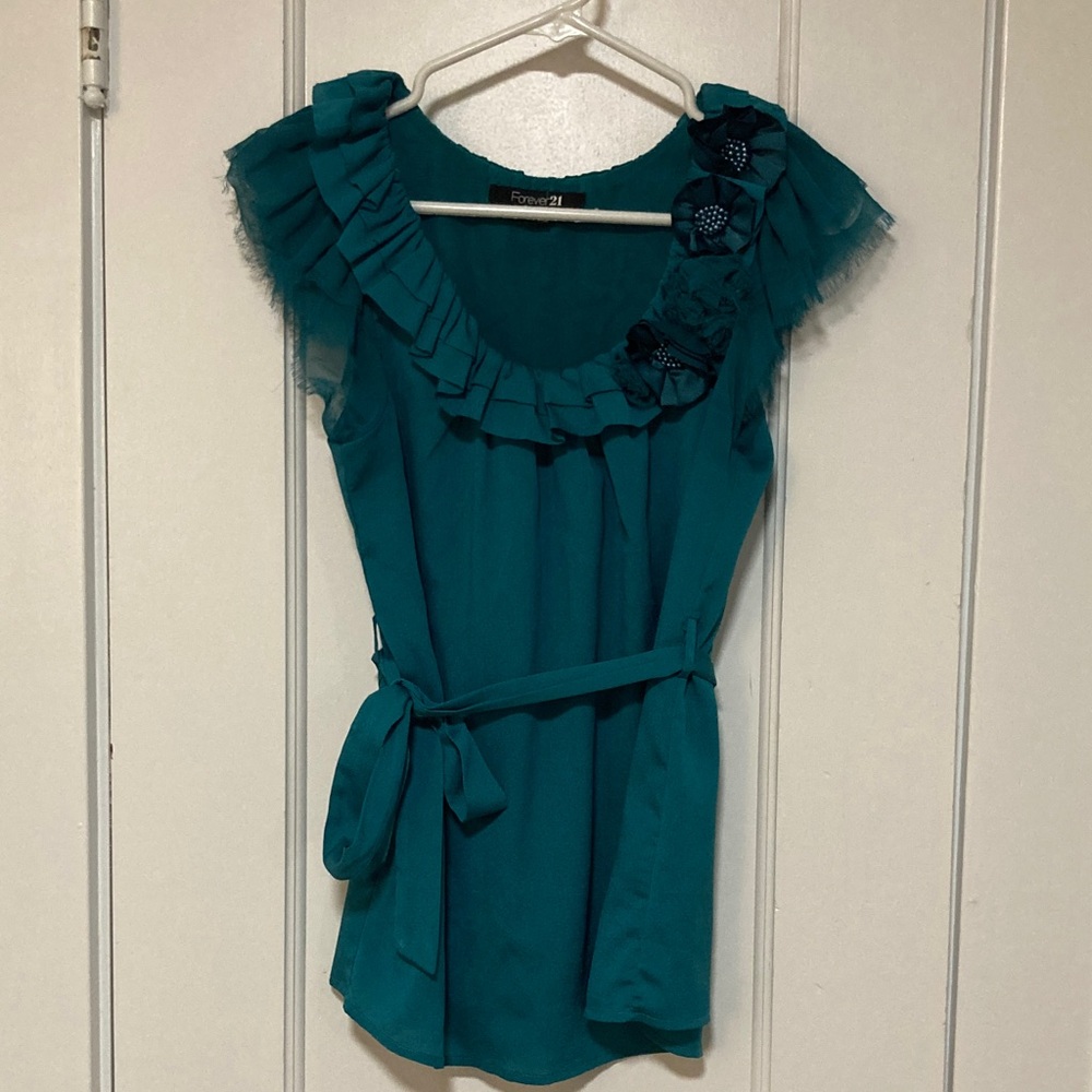 Forever 21 Teal Ruffle Top with beaded floral embellishment